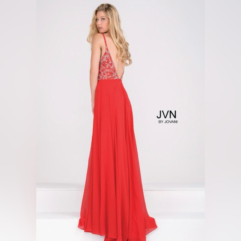 Jovani Sequin Beaded Bodice Red Gown Low Back Flowy
